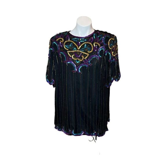 Jewel Queen Tops - Vintage 80’s black silk sequin and bead evening blouse